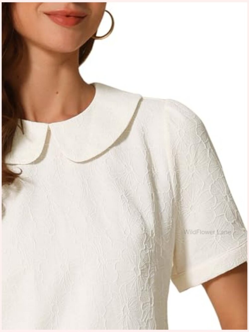 Peter Pan Collar Blouse with Puff Short Sleeve Floral Jacquard Kawaii Top - Picture 5 of 5